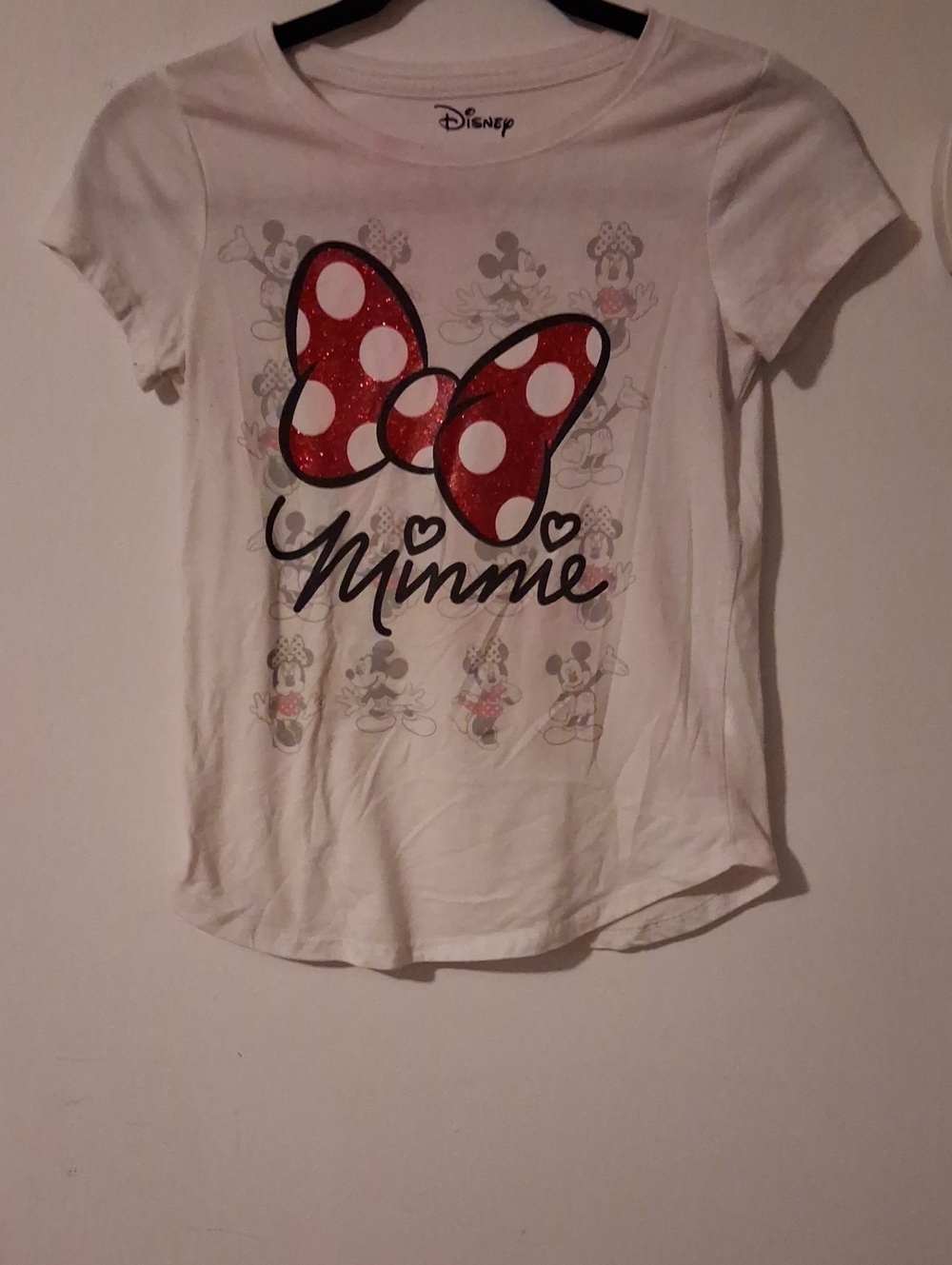 Disney Girls White Tee with Red Glitter Minnie Bow Graphic